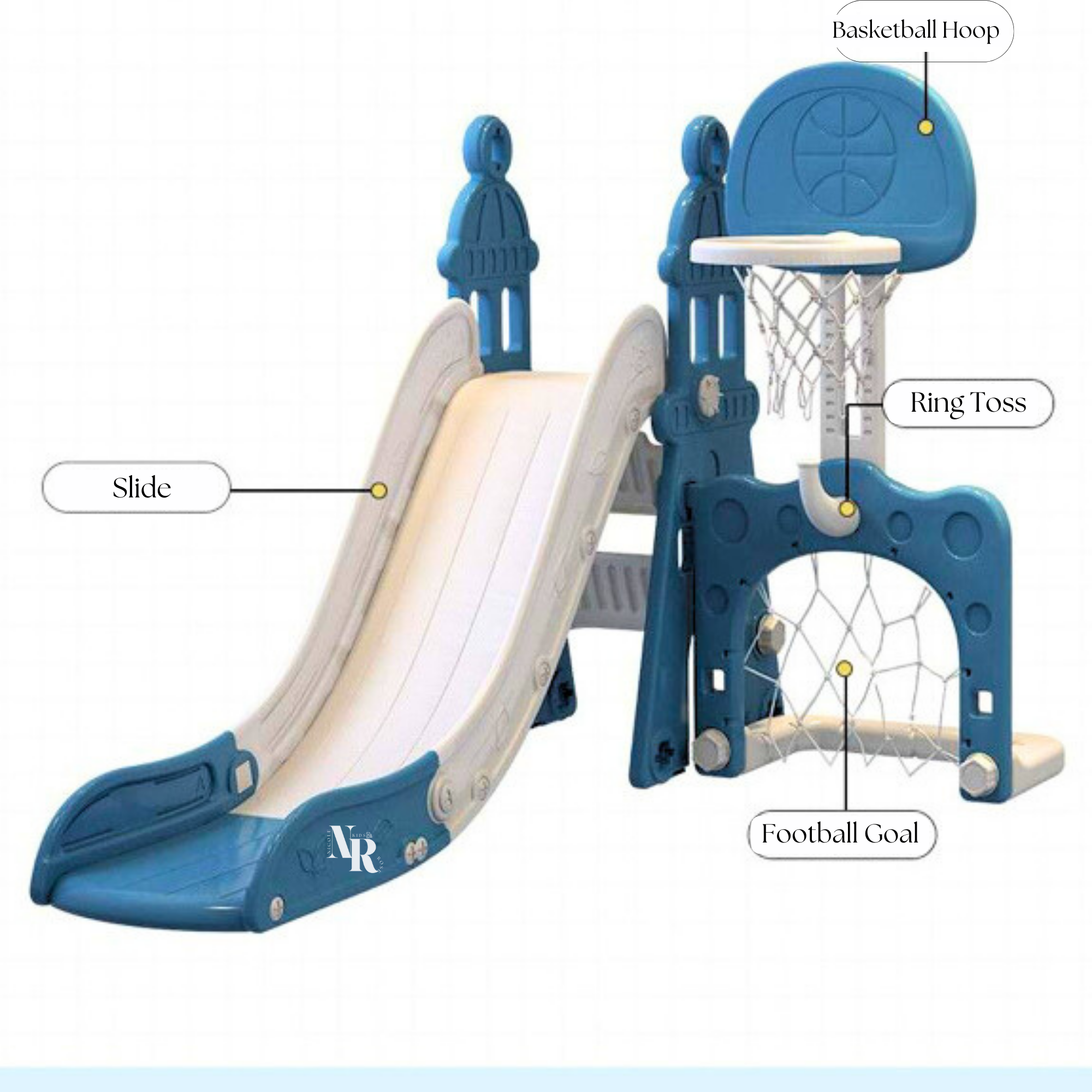 Toddler Slide with Basketball Hoop, Football Goalpost & Ring Toss for Girls and Boys - 4 in 1 Indoor/Outdoor Play Equipment for Children - Includes 2 free bonus balls and rings