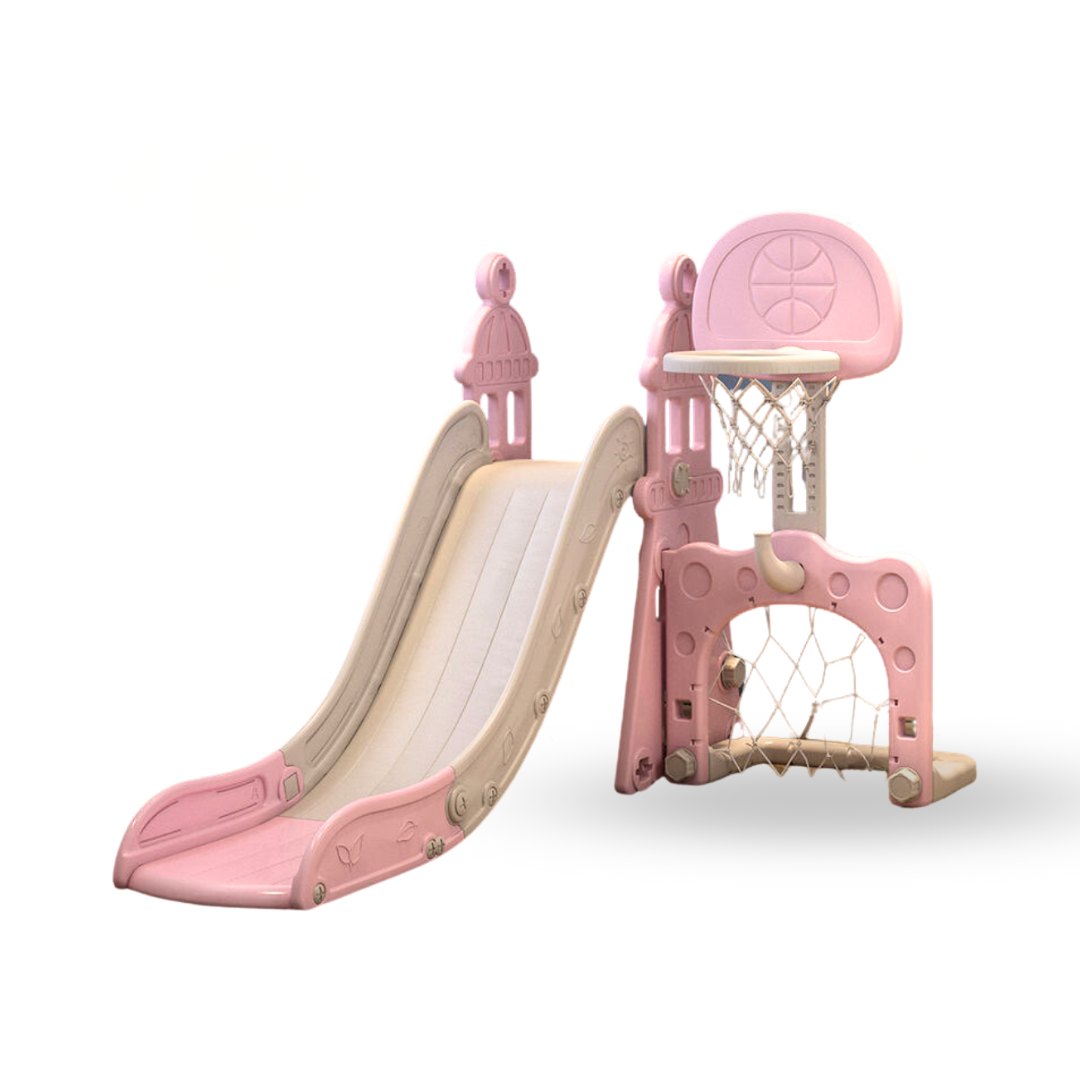 Toddler Slide with Basketball Hoop, Football Goalpost & Ring Toss for Girls and Boys - 4 in 1 Indoor/Outdoor Play Equipment for Children - Includes 2 free bonus balls and rings